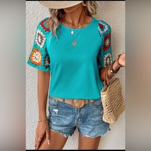* SOLD *. Turquoise Bohemian Top Crochet Open Weave Floral Sleeves, Stretch